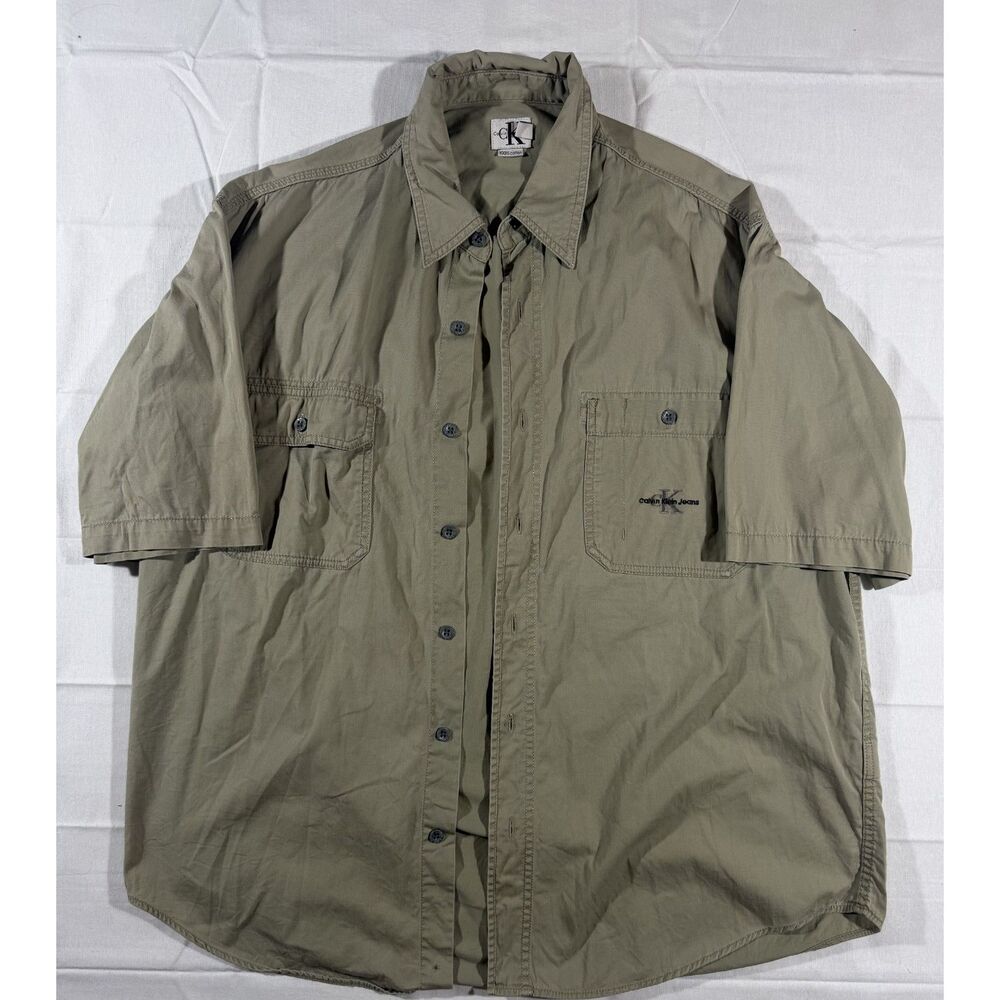 Vintage 90s Calvin Klein Jeans Mens Khaki Short Sleeve Button Up Shirt Hong Kong